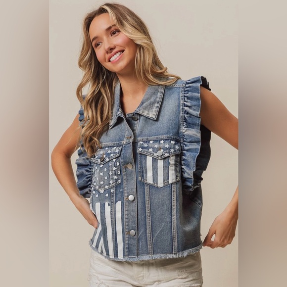 B15. NEW Bibi Denim Vest American Flag W/Ruffle Sleeves Stars & Stripes Graphic - Picture 2 of 8